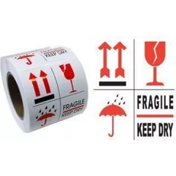 RILLPRINT 76900 įspėjamieji lipdukai FRAGILE / KEEP DRY, nuolatiniai klijai, balti/raudoni/juodi, 74x105mm, 500 lipdukų rulone