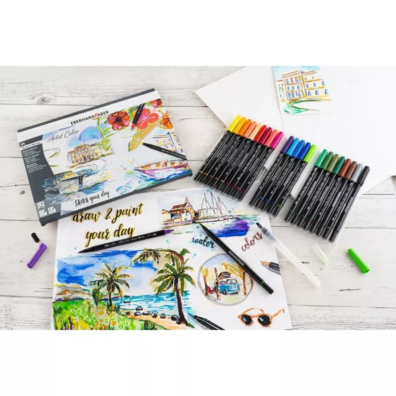 Faber-Castell Eberhard Faber Artist Color dvigubo antgalio flomasterių rinkinys, 24 vnt., plonas ir teptuko antgaliai, įvairios spalvos 558224
