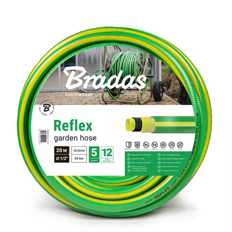 Bradas REFLEX sodo žarna, 1/2 colio, 50 m, 5 sluoksnių su poliesterio-TRICOT sutvirtinimu, žalia/geltona WFR1/250