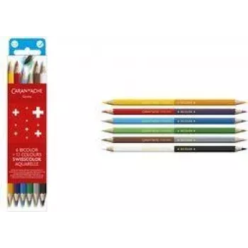 Caran d'Ache Swisscolor Bicolor Aquarelle akvareliniai spalvoti pieštukai, 6 dvipusiai pieštukai = 12 spalvų, šešiakampiai, FSC kedro 1285.706