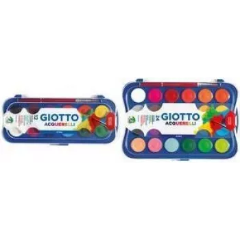 GIOTTO nepermatomų akvarelinių dažų rinkinys, 12 spalvų, 30 mm kivetės, didelis dengiamumas, plastikinis dėklas, su teptuku (F351200)