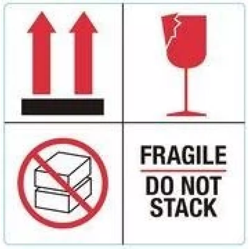 RILLPRINT 76930 įspėjamieji lipdukai „FRAGILE / DO NOT STACK“ – 100 x 50 mm, 500 vnt. ritinyje