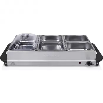 Tristar BP-6285 Buffet šildytuvas su 3 x 2,5L nerūdijančio plieno šildymo indais, 300W, reguliuojamas termostatas, permatomi dangčiai, neslystantys pagrindai