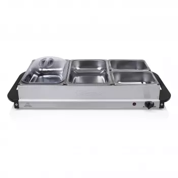 Tristar BP-6285 Buffet šildytuvas su 3 x 2,5L nerūdijančio plieno šildymo indais, 300W, reguliuojamas termostatas, permatomi dangčiai, neslystantys pagrindai