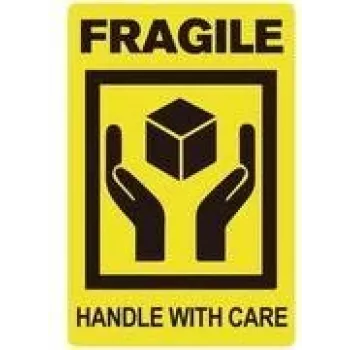 RILLPRINT 76860 Fragile / Handle With Care įspėjamieji lipdukai, permanentinis klijavimas, juoda ant geltonos, 100 x 50 mm, 500 lipdukų ritinyje