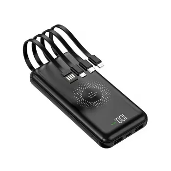 MRDISC PB-LEOsmart 10000mAh belaidis power bankas su integruotais kabeliais, PD22.5W greitasis įkrovimas, 15W belaidė galia, juodas