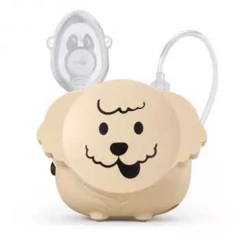 Flaem Nuova Puppy kompresorinis purkštuvas - pediatrinė inhaliacijos sistema su RF5 purkštuvu, suaugusiųjų ir vaikų kaukėmis, kandikliu, nosies antgaliu, oro vamzdeliu, oro filtru, 0,35 ml/min purškimo greičiu, 2,6 µm MMAD, 55 dB triukšmo lygiu, 230V