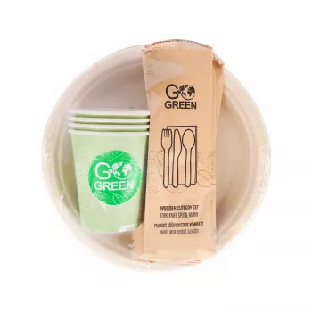 GOGREEN kompostuojamas pikniko indų rinkinys 4 asmenims, 24 dalių, augalinės kilmės, natūraliai baltos spalvos
