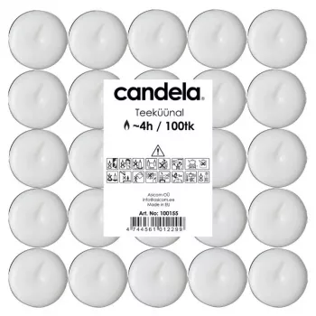 CANDELA arbatžvakės, 100 vnt., baltos, bekvapės, 4 val. degimo laikas