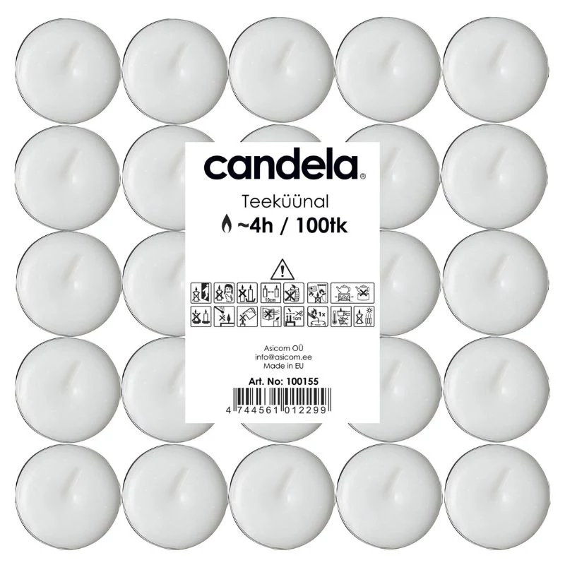 CANDELA arbatžvakės, 100 vnt., baltos, bekvapės, 4 val. degimo laikas