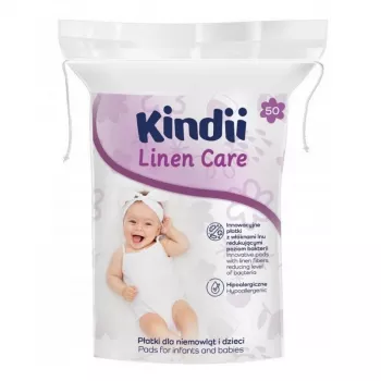 Kindii Linen Care kūdikių vatos pagalvėlės, 100% gryna medvilnė, hipoalerginės, dermatologiškai testuotos, 50 vnt.