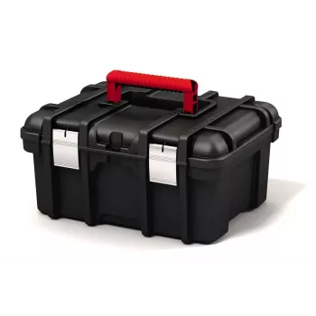 KETER DIY Power Tool Box 16, juoda su raudonais akcentais, 41,9 x 32,7 x 20,5 cm, sukraunama, metaliniai fiksatoriai, išimama dėklė