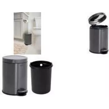 Rubbermaid šiukšliadėžė su pedalais, apvali, 6 litrų, tamsiai pilko nerūdijančio plieno su išimamu plastikiniu vidiniu konteineriu 2179250