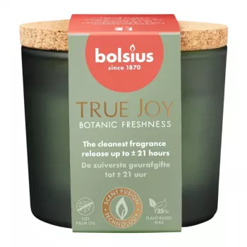 BOLSIUS True Joy kvapni žvakė stiklinėje su kamščio dangteliu, Botanic Freshness, Ø66 x 83 mm