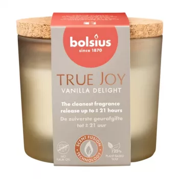 BOLSIUS True Joy Vanilla Delight kvapni žvakė stiklinėje su kamštiniu dangteliu, Ø66x83 mm