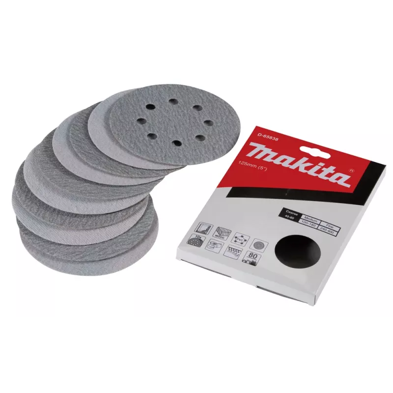 Makita D-65838 šlifavimo diskai 125 mm P80 grūdėtumo 10 vnt. Hook and Loop 8 skylių