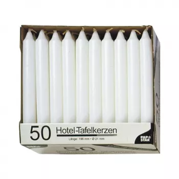PAPSTAR baltos lazdyno formos žvakės, 196 mm aukščio, 22 mm skersmens, 100 vnt., parafinas, 7 h degimo laikas