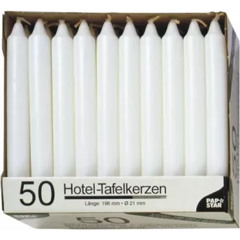 PAPSTAR baltos lazdyno formos žvakės, 196 mm aukščio, 22 mm skersmens, 100 vnt., parafinas, 7 h degimo laikas