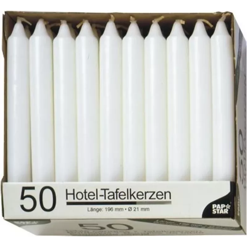 PAPSTAR baltos lazdyno formos žvakės, 196 mm aukščio, 22 mm skersmens, 100 vnt., parafinas, 7 h degimo laikas