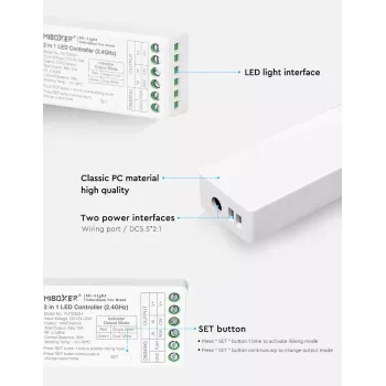 MiBoxer FUT035S+16kHz 2-in-1 dvigubos baltos LED šviesos valdiklis (DC12/24V, 2.4GHz, 16kHz be mirgėjimo)