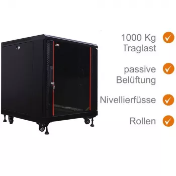 IT-BUDGET 19 inch Tinklo spintelė SRK - 12U - 600x600 mm - Stiklo/Plieno durys - Išardoma - Juoda (90ITB19SRK1266GSN)