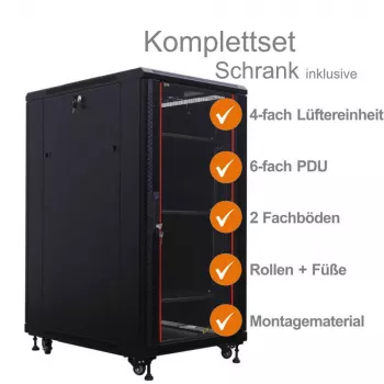 IT-BUDGET 19 colių tinklo spintelė SRK pilnas komplektas - 27U - 600x800 mm - stiklinės/plieninės durelės - 4 aktyvūs ventiliatoriai - PDU - lentynos - išardoma - juoda (90ITB19SRK2768GS)