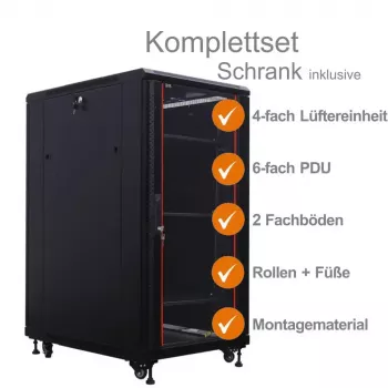 IT-BUDGET 19 colių tinklo spintelė SRK pilnas komplektas - 27U - 600x800 mm - stiklinės/plieninės durelės - 4 aktyvūs ventiliatoriai - PDU - lentynos - išardoma - juoda (90ITB19SRK2768GS)