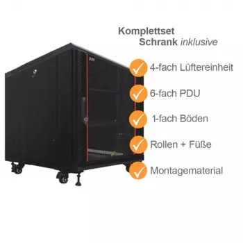 IT-BUDGET 19 inch Tinklo spintelė SRK pilnas rinkinys 12U 600x600 mm stiklinės/vientisos durys, 4 ventiliatoriai, PDU, lentynos, išardoma, juoda 90ITB19SRK1266GS