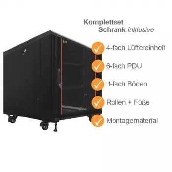 IT-BUDGET 19 inch Tinklo spintelė SRK pilnas rinkinys 12U 600x600 mm stiklinės/vientisos durys, 4 ventiliatoriai, PDU, lentynos, išardoma, juoda 90ITB19SRK1266GS