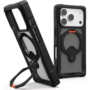 UAG Urban Armor Gear Plasma XTE 360 MagSafe dėklas su atlenkiama kojele Apple iPhone 18 Pro/17 Pro - permatomas pilkas su juodais ir oranžiniais akcentais 114573114097