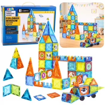 LEAN TOYS magnetiniai lavinamieji blokai su langeliais ir 3D transporto priemonių lipdukais, 138 dalių