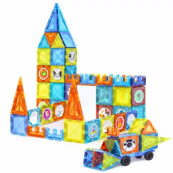 LEAN TOYS magnetiniai lavinamieji blokai su langeliais ir 3D transporto priemonių lipdukais, 138 dalių