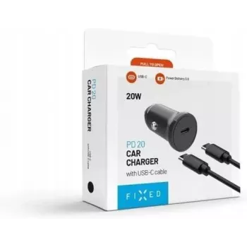 FIXED USB-C Automobilinis Įkroviklis 20W su USB-C į USB-C Kabeliu - Juodas FIXCC20N-CC-BK