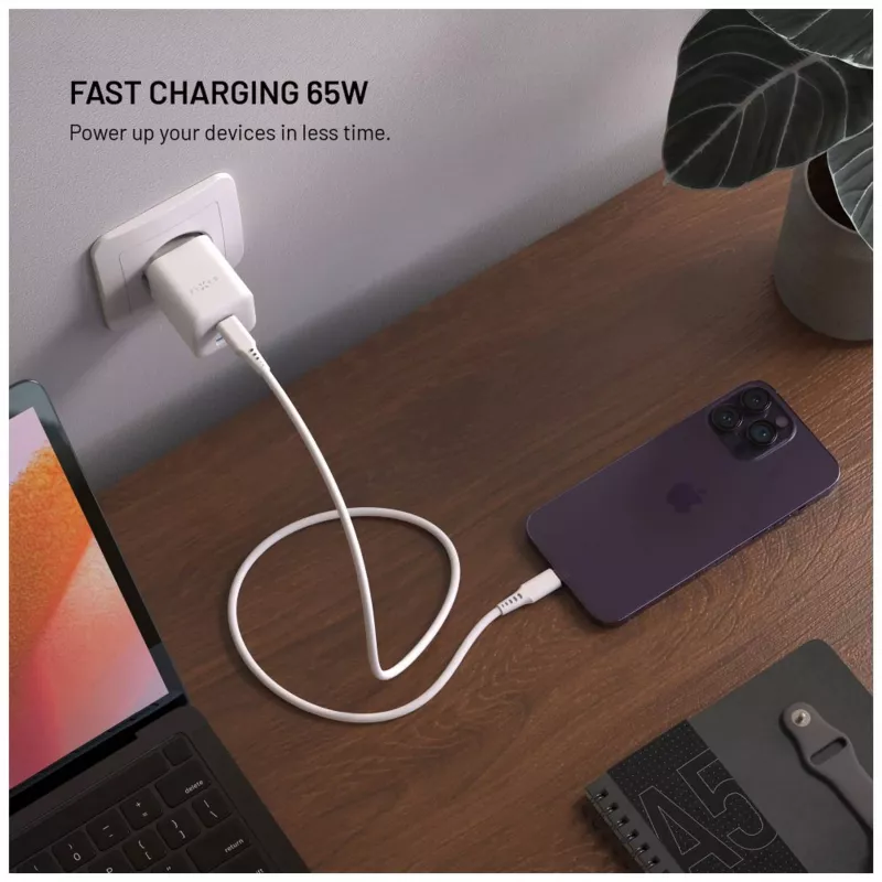 Fixed Mini 2x USB-C ir USB GaN įkroviklis 65W baltas