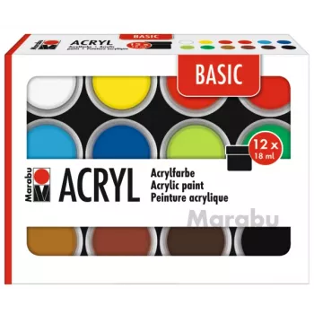 Marabu BASIC akrilinių dažų rinkinys, 12 x 18 ml, didelis pigmentavimas, labai didelis šviesos atsparumas 1210000000214