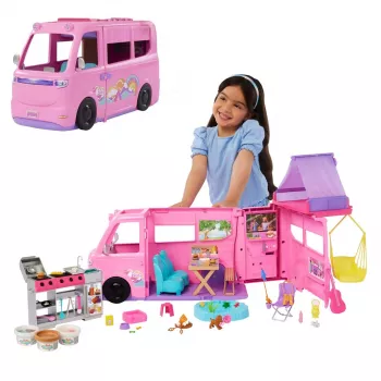 Barbie Dreamhouse Adventures lėlių kemperis su 7 žaidimų zonomis ir 60+ aksesuarų, rožinis