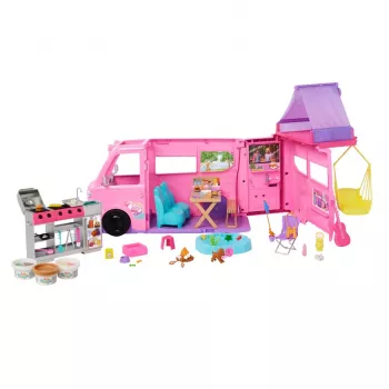 Barbie Dreamhouse Adventures lėlių kemperis su 7 žaidimų zonomis ir 60+ aksesuarų, rožinis