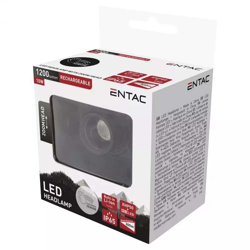 ENTAC EHL-ZH-10W-R priekinis žibintas su zoom funkcija, įkraunama baterija, 10W, judesio jutikliu