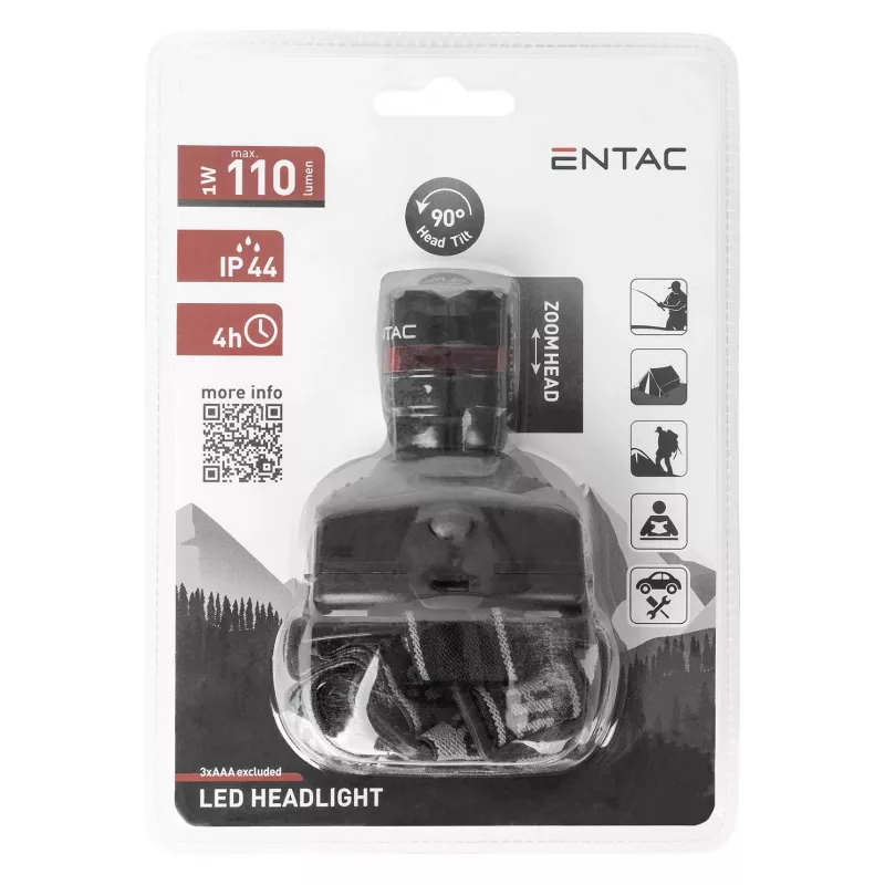 ENTAC EHL-ZOOM-1W-PL Zoom 1W LED priekinis žibintas, juodas