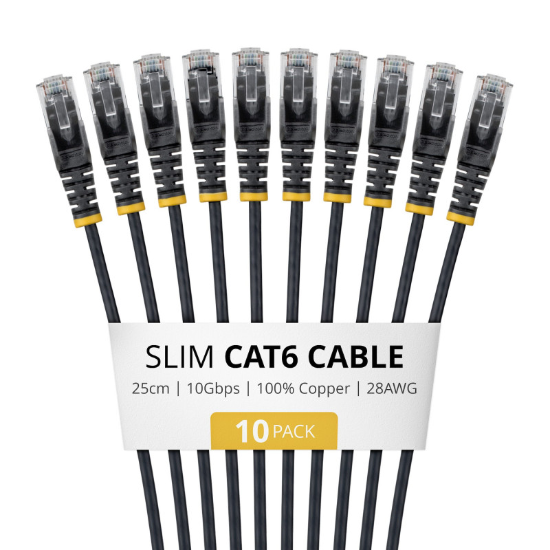 StarTech plonas Cat6 U/UTP tinklo kabelis RJ45, 0,25 m, juodas, 10 vnt. rinkinys