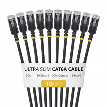 StarTech.com Slim Cat6a U/FTP tinklo kabelis RJ45, 0,3 m, juodas, 10 vnt. rinkinys