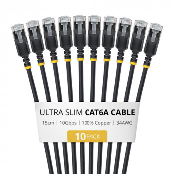 StarTech.com Slim Cat6a U/FTP tinklo kabelis RJ45, 0,15 m, juodas, 10 vnt. paketas