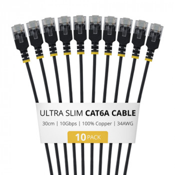 StarTech.com plonas Cat6a U/UTP tinklo kabelis RJ45, 0,3 m, juodas, 10 vnt. rinkinys