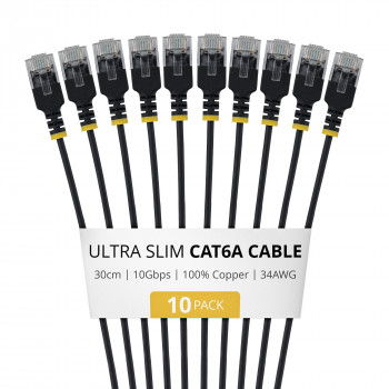 StarTech.com plonas Cat6a U/UTP tinklo kabelis RJ45, 0,3 m, juodas, 10 vnt. rinkinys