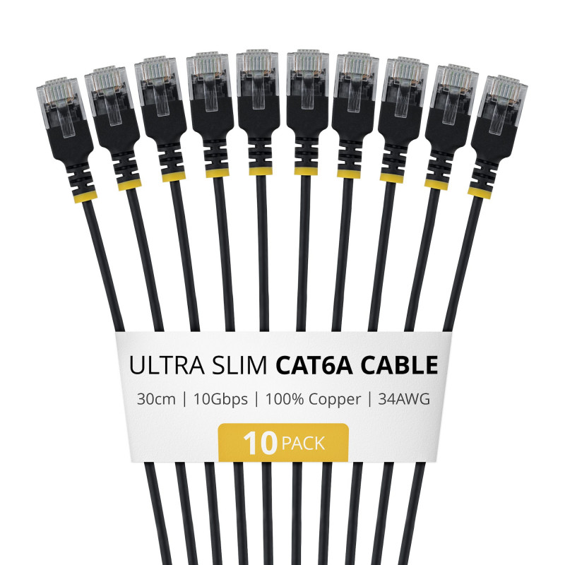 StarTech.com plonas Cat6a U/UTP tinklo kabelis RJ45, 0,3 m, juodas, 10 vnt. rinkinys
