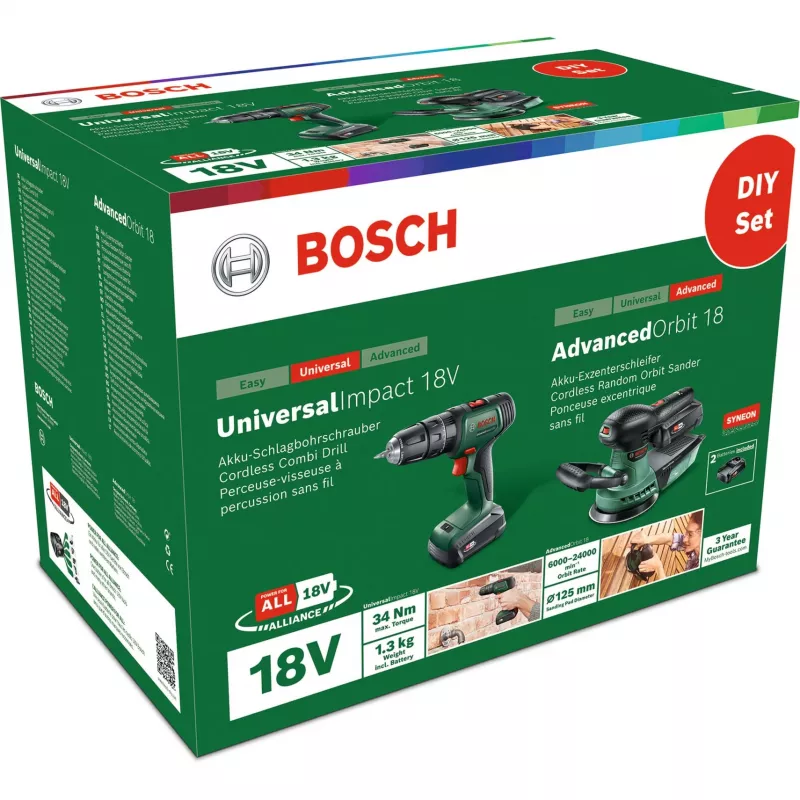 Bosch DIY rinkinys UniversalImpact 18V + AdvancedOrbit 18V, 2x 2.0Ah Li-Ion akumuliatoriai, akumuliatorinis smūginis gręžtuvas-suktuvas + akumuliatorinis ekscentrinis šlifuoklis, žalias (06039D410A)