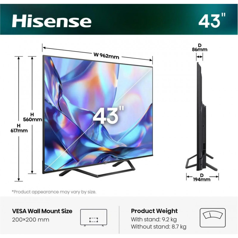 Hisense 43A7S 43 inch QLED 4K VidaaOS 60Hz Dolby Vision IQ 2026 televizorius