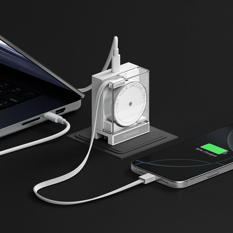 SHARGE Retractable 65 GaN įkroviklis, 65W, 2x USB-C, integruotas USB-C kabelis - baltas