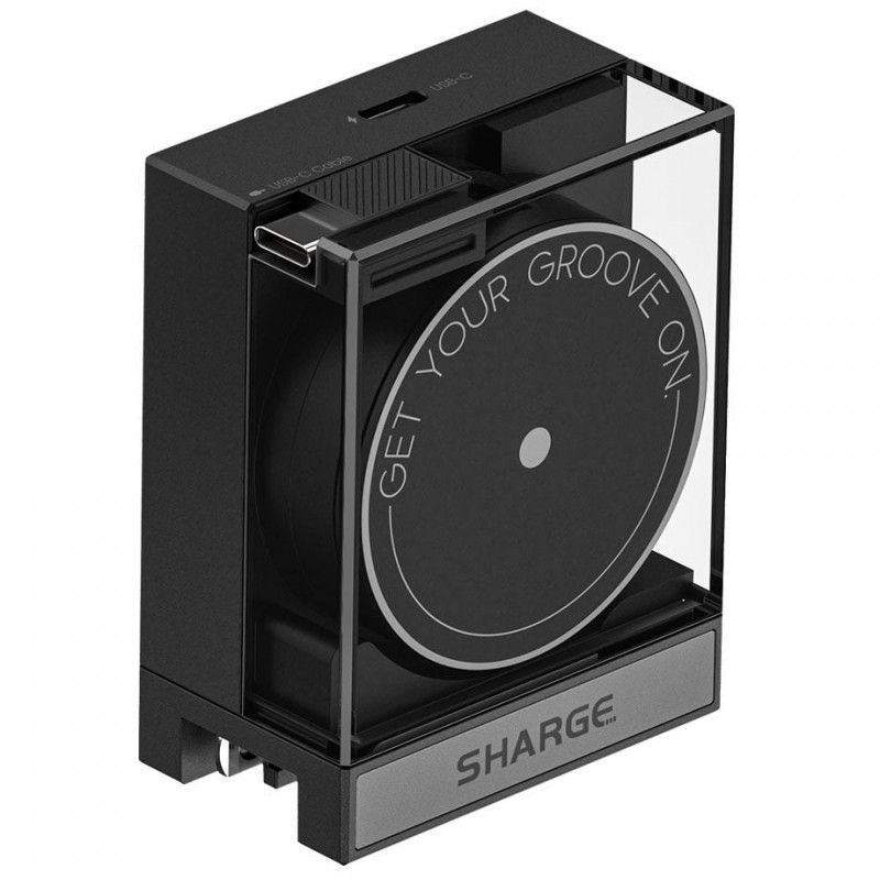 SHARGE įtraukiamas 65 GaN įkroviklis, 65 W, 2x USB-C, integruotas USB-C kabelis, juodas