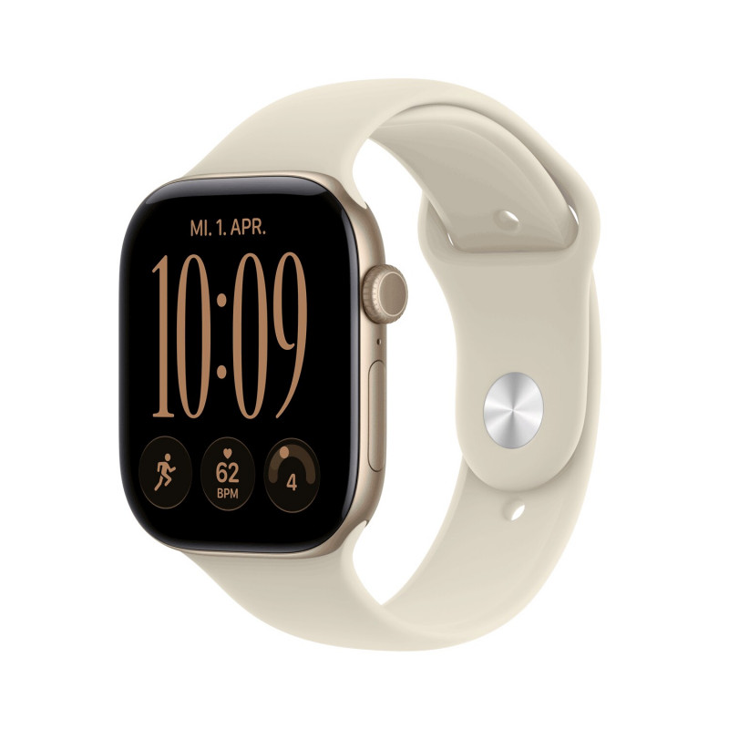 Apple Watch Series 12 GPS 46 mm šviesaus aukso aliuminio korpusas su smėlio spalvos sportine apyranke – M/L